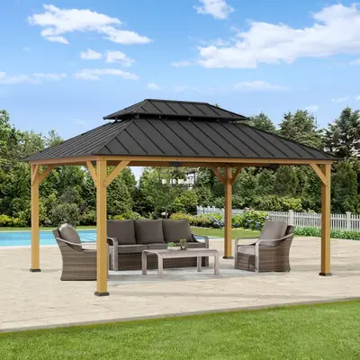 SUNJOY 12x16 Wooden Gazebo with 2-tier Metal Roof and Ceiling Hook - Natural Cedar