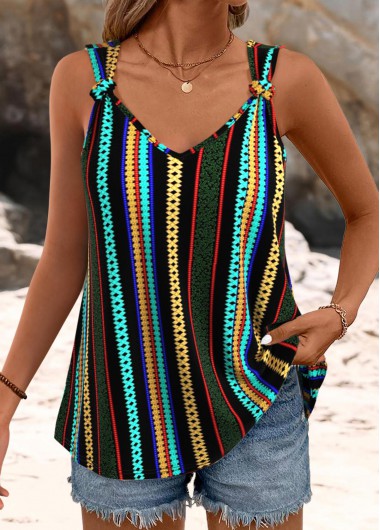 Modlily Multi Color Twist Striped Strappy V Neck Tank Top - S