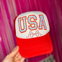 USA TRUCKER HAT Red and White with Patriotic 'USA' Design and Bow Accent