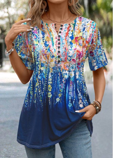 Modlily Dark Blue Button Graffiti Print Short Sleeve T Shirt - L