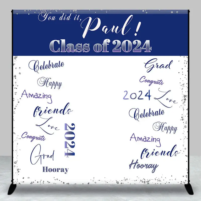 Deep Blue White Custom Graduation Party Backdrop - Aperturee