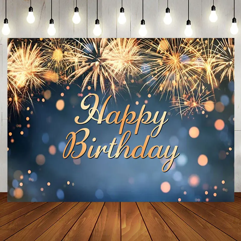Golden Sparks Blue Bokeh Happy Birthday Backdrop - Aperturee