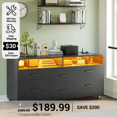 SEDETA | 47 Inch 6 Drawer File Cabinet with Power Strip Printer Stand Storage Shelf and Led Lights Wood Mobile Lateral Filing...