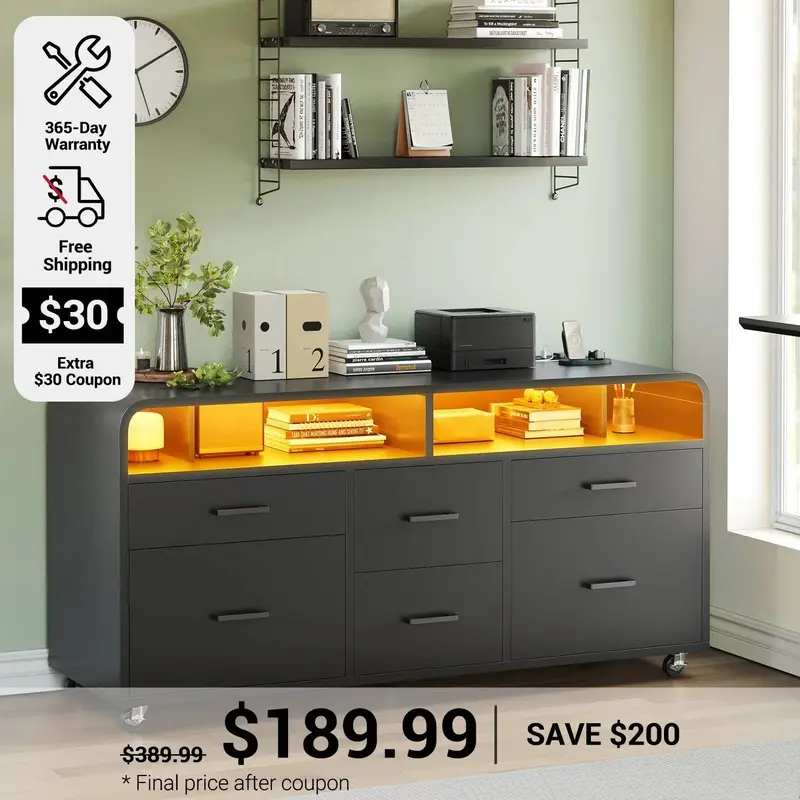 SEDETA | 47 Inch 6 Drawer File Cabinet with Power Strip Printer Stand Storage Shelf and Led Lights Wood Mobile Lateral Filing...