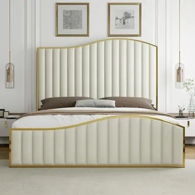 [TikTokShopfalldealsforyou]AMERLIFE Bed Frame with Golden Plating Trim, Velvet Upholstered Bed with Vertical Channel Headboar...