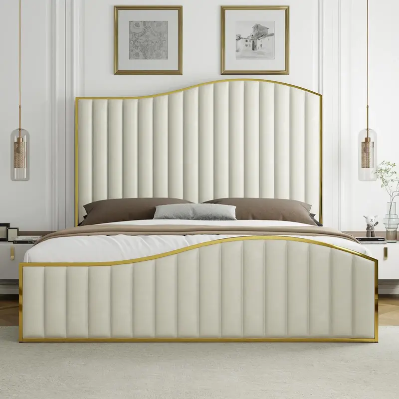 [TikTokShopfalldealsforyou]AMERLIFE Bed Frame with Golden Plating Trim, Velvet Upholstered Bed with Vertical Channel Headboar...