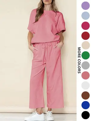 Two-Piece Set Women's Solid Textured Wide Leg Pants Set, Casual Drop Shoulder Tee & Drawstring Waist Pants, Summer Outfits Cl...