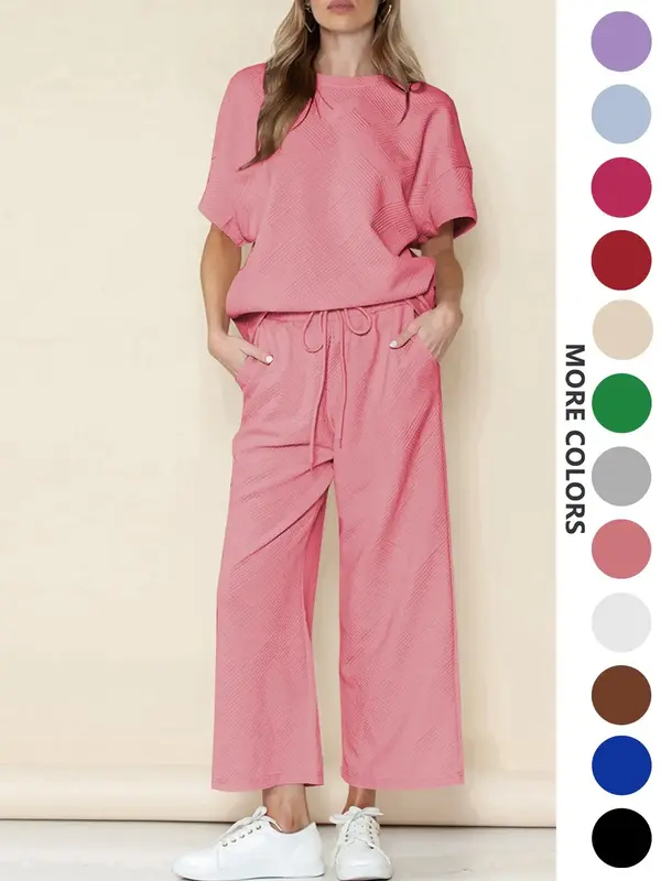 Two-Piece Set Women's Solid Textured Wide Leg Pants Set, Casual Drop Shoulder Tee & Drawstring Waist Pants, Summer Outfits Cl...