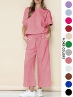 Two-piece Set Women's Solid Textured Wide Leg Pants Set, Casual Drop Shoulder Tee & Drawstring Waist Pants, Vacation Outfits ...