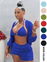 Women's Solid Color Zip Up Outerwear & Crop Halter Top & Shorts Set, Casual Fashion Three-piece Set for Daily Outdoor Wear, W...
