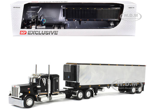 Peterbilt 359 with 36â€ Flat Top Sleeper and 40â€™ Vintage Refrigerated Trailer Black with Chrome 1/64 Diecast Mode...