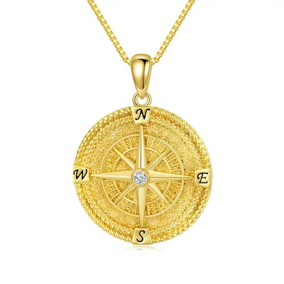 Sterling Silver With Yellow Gold Plated Circular Cubic Zirconia Compass Pendant Necklace With Initial Letter For Women
