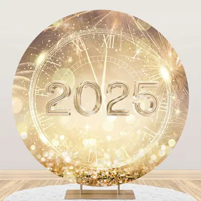 Aperturee Gold Sparkle Clock 2025 Round Happy New Year Backdrop - Aperturee