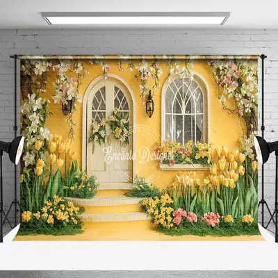 Yellow Retro Garden Cabin Floral Spring Backdrop - Aperturee