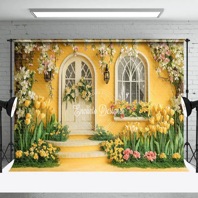 Yellow Retro Garden Cabin Floral Spring Backdrop - Aperturee
