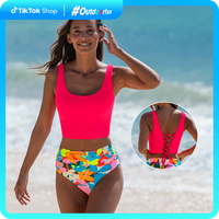 Popvil Neon Floral Tankini Set High Waist Padded Adjustable Lace-Up Back Bikini for Beach & Outdoor Fun Vacation Wear Women S...