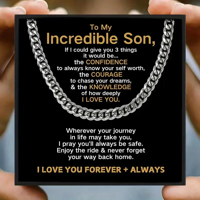 Cuban Necklace with Gift Box & Card, 1 Set Fashion Simple Stainless Steel Pendant Necklace, Gift for Son, Birthday Gift, Part...