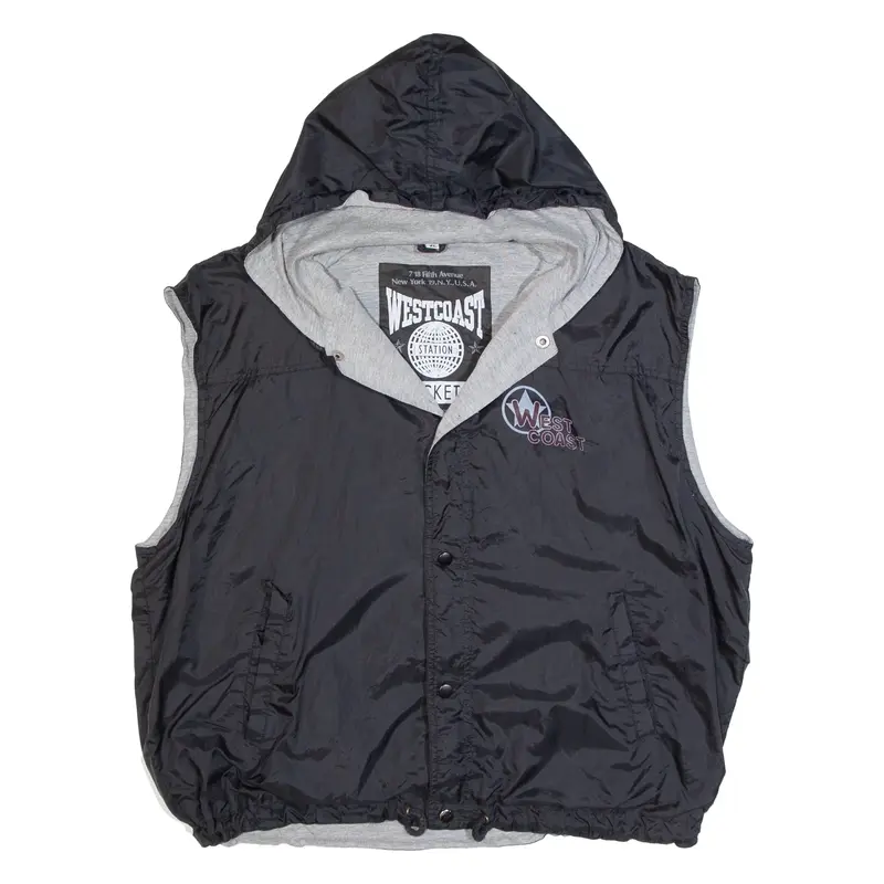 WEST COAST STATION Sleeveless Mens Track Jacket Black Nylon USA Hooded XL