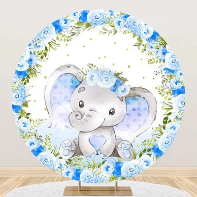 Blue Floral Elephant Cute Round Baby Shower Backdrop - Aperturee