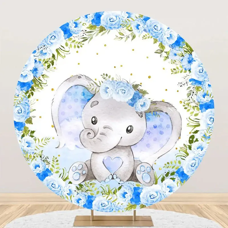 Blue Floral Elephant Cute Round Baby Shower Backdrop - Aperturee