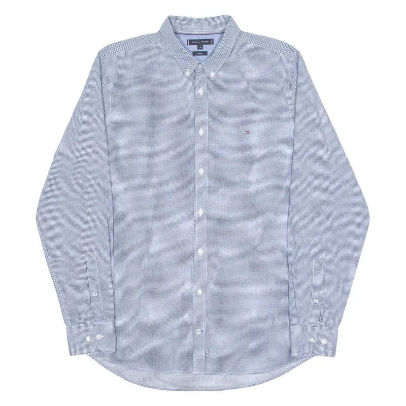 TOMMY HILFIGER Slim Fit Mens Shirt Blue Houndstooth Long Sleeve XL
