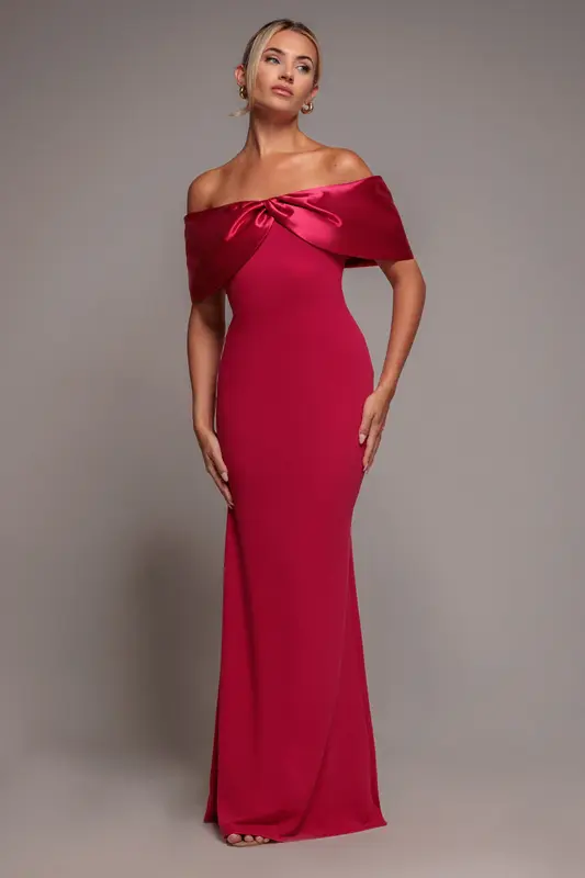 Goddiva Twist Knot Satin & Scuba Bardot Maxi Dress - Magenta