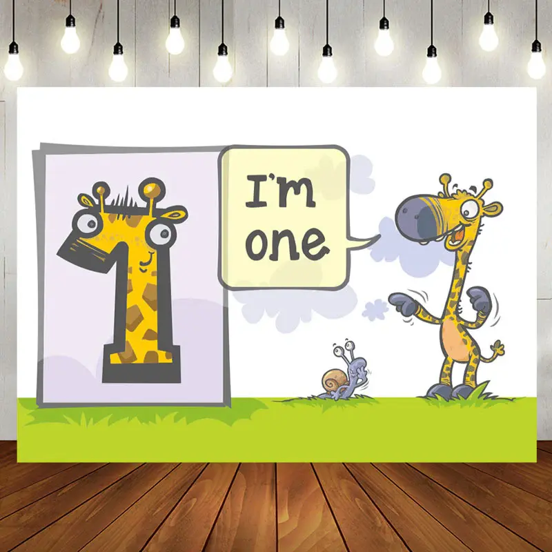 Funny Giraffa Snails Grassland 1st Birthday Backdrop