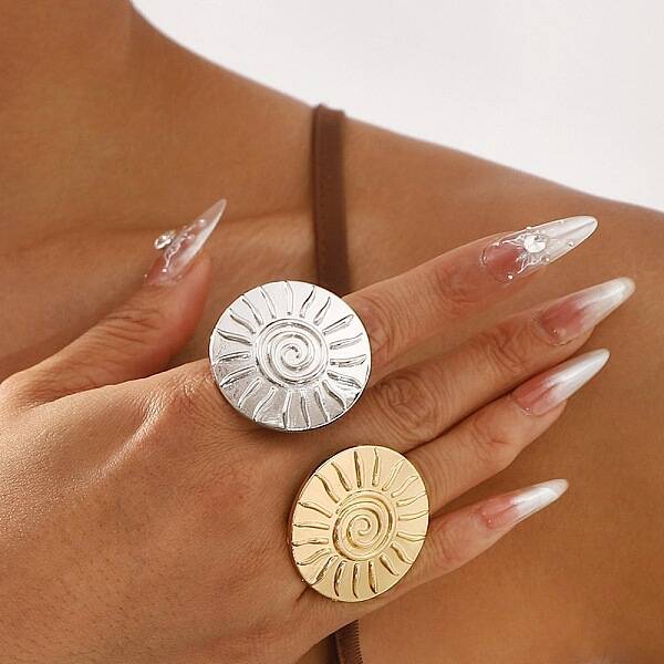 Big Flat Round with Sun Alloy Open Cuff Rings for Women