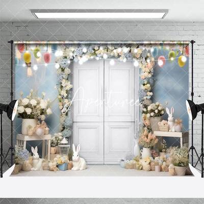 Light Blue Bunny Floral Paschal Eggs Easter Backdrop - Aperturee