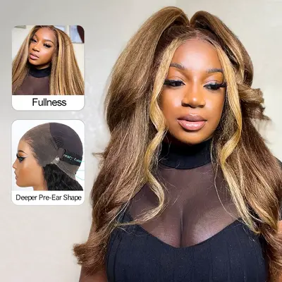 Ashimary 360 Invisi Strap Upgrade Glueless Highlight Brown Kinky Straight Lace Frontal Wig With Pre-Bleached Seamless Knots 4...