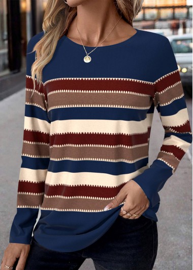 Modlily Blue Patchwork Striped Long Sleeve Round Neck T Shirt - L