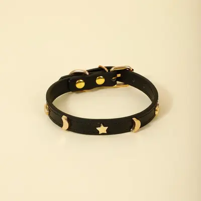 Star & Moon Decor Pet Collar, Adjustable PU Leather Pet Necklace, Fashionable Pet Choker For Cats Dogs