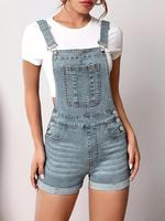 Women's Solid Color Button Fly Denim Overalls, Casual Comfy Adjustable Strap Skinny Overalls for Daily Wear, Ladies Clothes f...