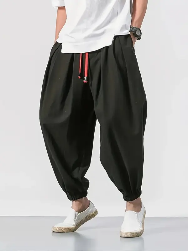 Men's Solid Pocket Drawstring Waist Jogger Pants, Casual Comfy Loose Trousers for Spring & Fall, Men's Bottoms for Daily We...