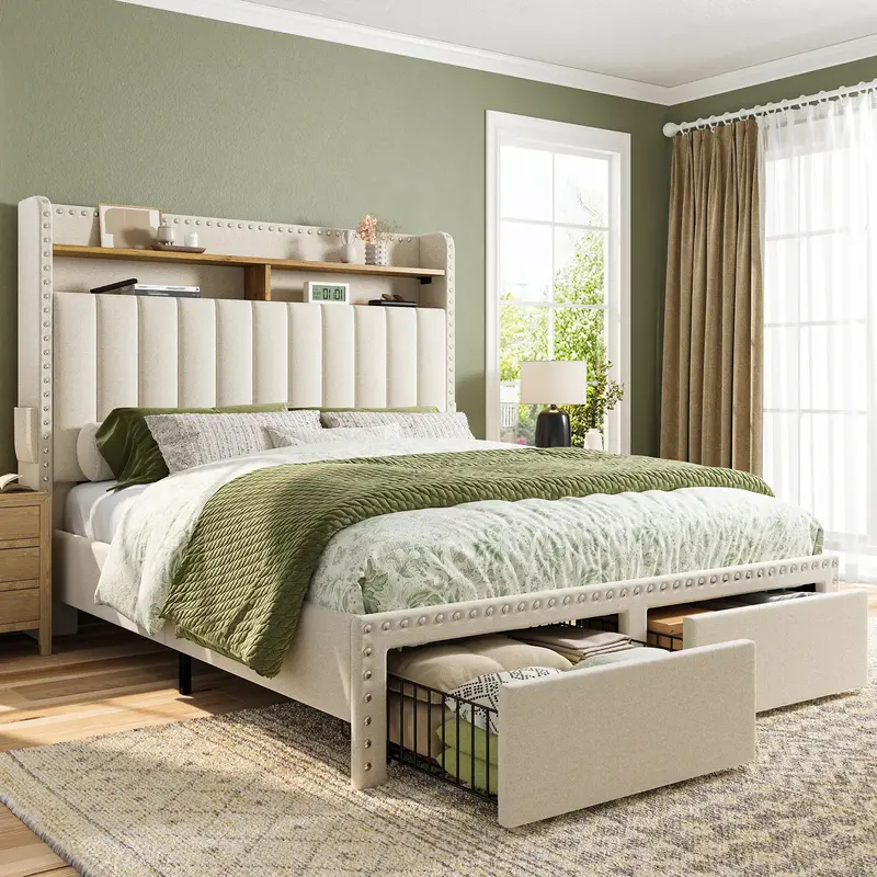 Raybee Furniture Bed Frame with 2 Drawers, MATTRESS NOT INCLUDED, Bedframe with Headboard and Storage, Upholstered  Bed Frame...