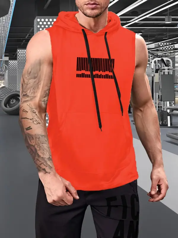 Men's Graphic Drawstring Hooded Sports Tank Top, Regular Fit Sleeveless Sweat Activated Sports Top, Summer Outfits 2024, Men'...