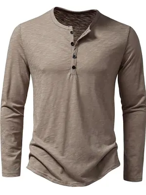 Men's Button Front Round Neck Henry Tee, Regular Fit Solid Long Sleeve T-shirt for Daily Wear, Casual Soft Comfy Top for Al...