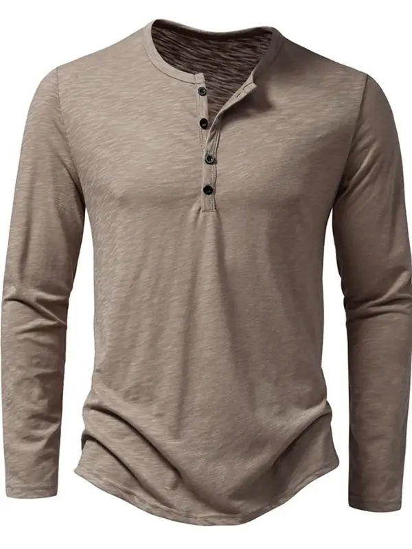 Men's Button Front Round Neck Henry Tee, Regular Fit Solid Long Sleeve T-shirt for Daily Wear, Casual Soft Comfy Top for Al...