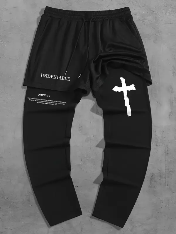 Men's 2 in 1 Letter & Cross Print Drawstring Waist Sweatpants, Casual Street Regular Fit Pocket Jogger Pants for Fall & Wint...
