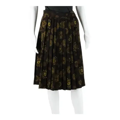 Vintage Knee Length Pleated Skirt Brown 80s Spotted Womens UK 14