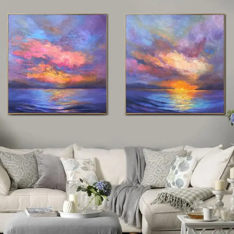 Set of Two Original Paintings Blue Artwork Purple Painting Large Pink Canvas Art Ocean Modern Art Landscape Painting Canvas P...