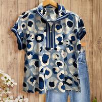 SageVell Blue & White Animal Print Zip-Up Shirt Pullover in Blue Cheetah Top,Short Sleeve Top