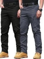 2pcs Men'S Tactical Cargo Pants, Multi-Pocket Design, Solid Color, Elastic Waistband, Ideal for Construction Workers, Hiking,...