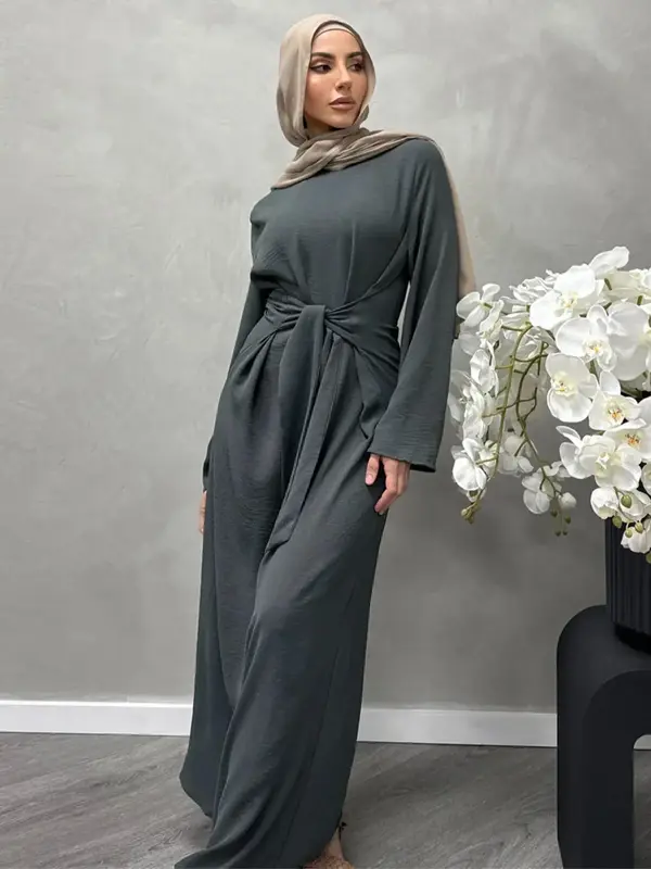 Women's Solid Color Knot Front Long Sleeve Dress, Modest Round Neck Long Dress for Daily Wear, Ladies Islamic Clothing for Al...