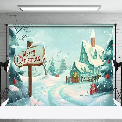 Aperturee Wild Snowy Field House Path Merry Christmas Backdrop - Aperturee