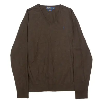 POLO RALPH LAUREN Slim Fit Stretch Womens Jumper Brown V-Neck Wool 2XL
