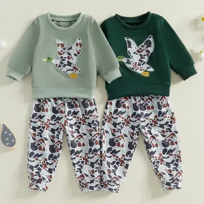 Toddler Baby Boys Girls Fall Clothes Mallard Duck Hunting Embrodidery Sweatshirt and Pants 2pcs Outfit Set