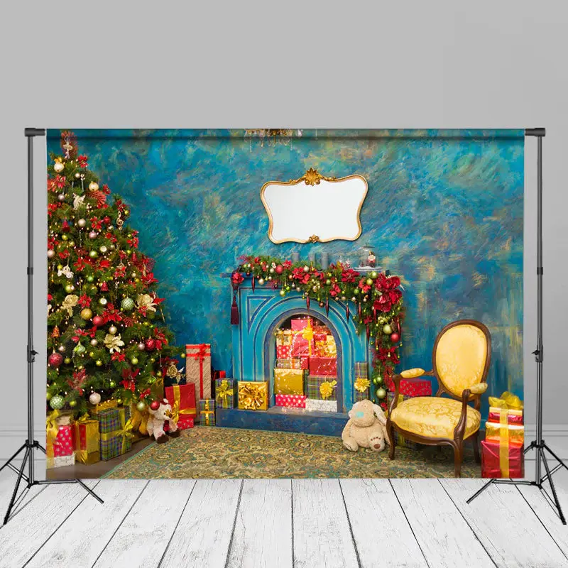 Blue Abstract Wall Gifts Tree Christmas Backdrop - Aperturee