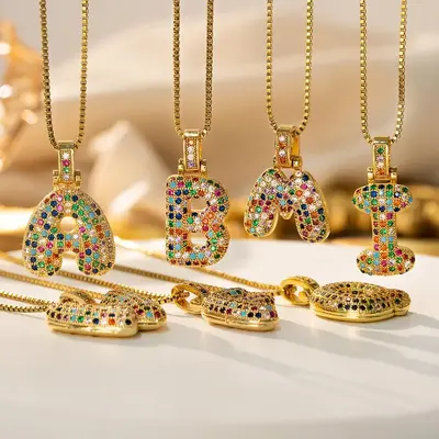 SIXFOX Colorful Bubble Letter Necklaces initial necklace 14K Gold or Silver Zirconia 20-inch Chain for Women Custom Early Fal...