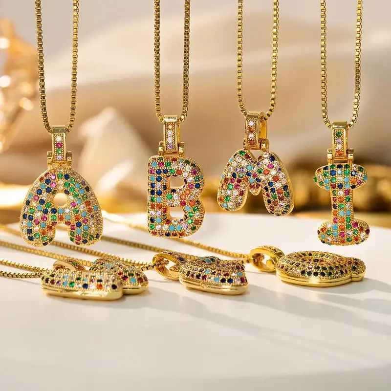 SIXFOX Colorful Bubble Letter Necklaces initial necklace 14K Gold or Silver Zirconia 20-inch Chain for Women Custom Early Fal...